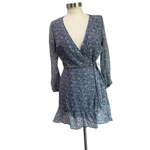 Abercrombie & Fitch Dusty Blue Floral Chiffon Wrap Mini Dress Size Small - Picture 1 of 14